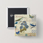 青い花、鳥および蝶の花束 缶バッジ (正面&裏面)