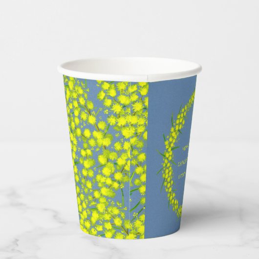 青い芸術の上のアカシア黄色の結婚ガラガラ 紙コップ (右)