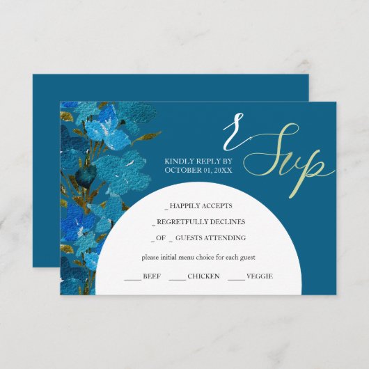 青い芸術的水色の野花 出欠カード (正面/裏面)