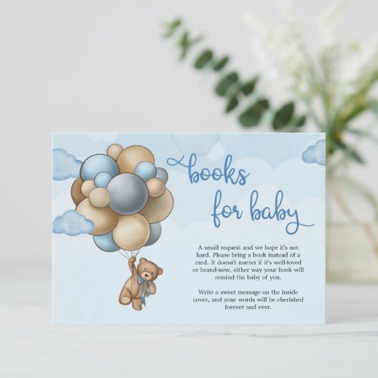 青い茶色のバルーン付きテディベアのブックリクエスト エンクロージャーカード (スタンド正面)