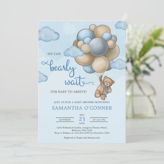 青い茶色のベージュのバルーン少年とテディベア 招待状 (スタンド正面)