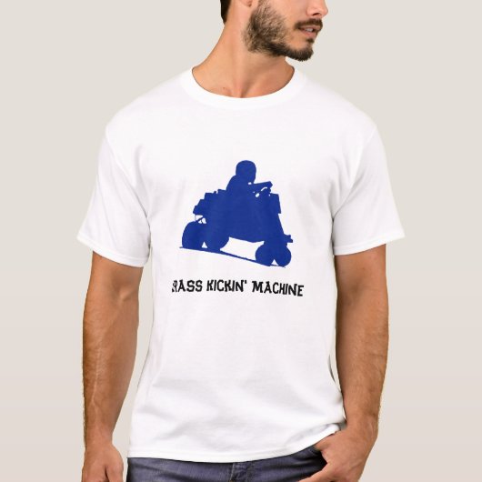 青い草キッカー芝刈り機の競争 Tシャツ (正面)