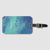 青い荷物タグモノグラムの水彩青い色 ラゲッジタグ (正面横)