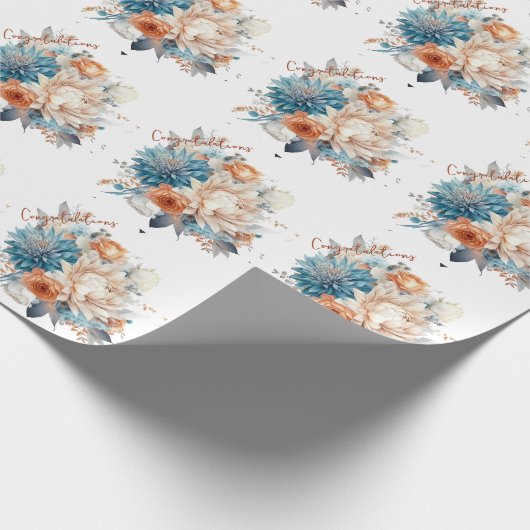 青い菊とピンクの芍薬のウェディングブーケ ラッピングペーパー (角)
