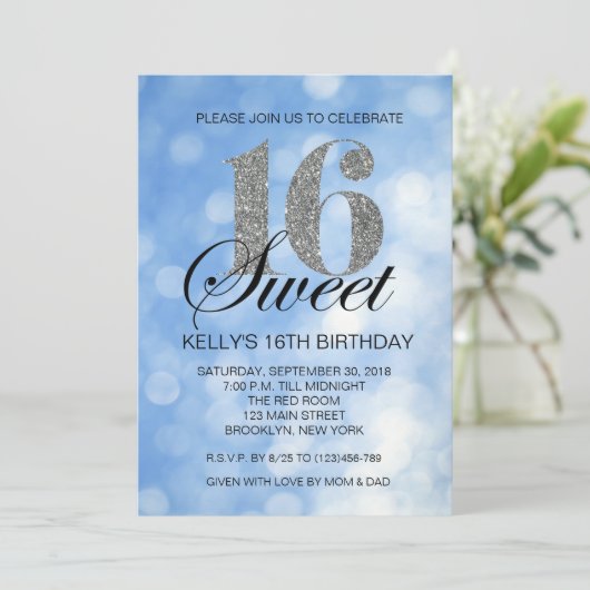 青い菓子16の銀製のグリッターライト招待状 招待状 (スタンド正面)
