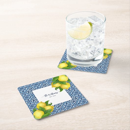 青い華美アマイタリアンルフィのタイルとレモンの布 スクエアペーパーコースター (インサイチュ)