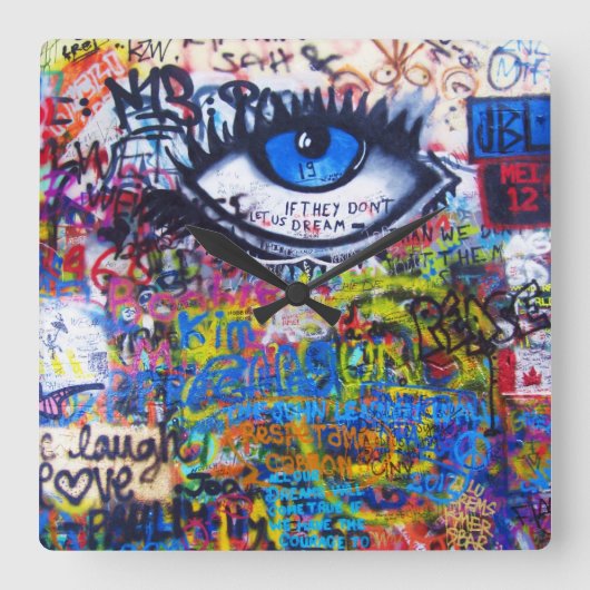 青い落書きの悪のまなざし スクエア壁時計 (正面)