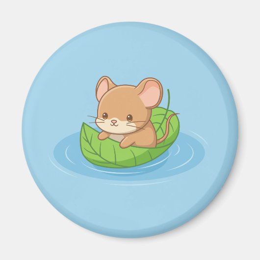 青い葉っぱのボートに乗ったかわいいネズミ マグネット (正面)