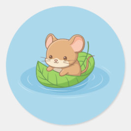 青い葉っぱのボートに乗ったかわいいネズミ ラウンドシール