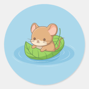 青い葉っぱのボートに乗ったかわいいネズミ ラウンドシール