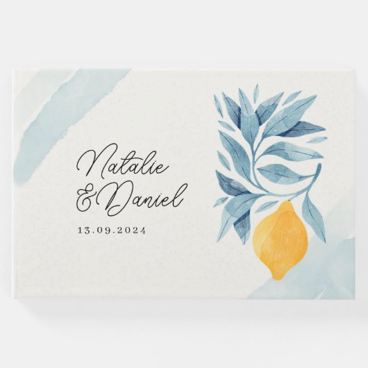 青い葉のついたレモンの植物画 ゲストブック (正面)