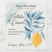 青い葉のついたレモンの植物画 ワインラベル (シングルラベル)