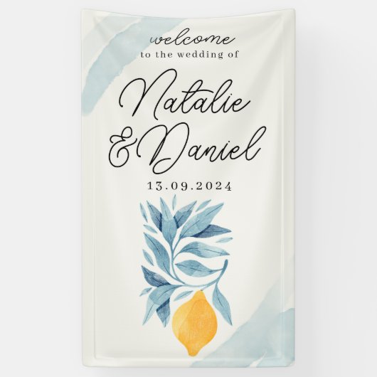 青い葉のついたレモンの植物画 横断幕 (縦)