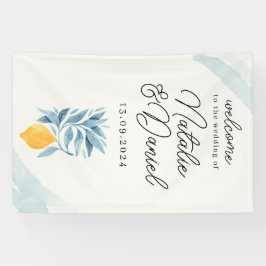 青い葉のついたレモンの植物画 横断幕