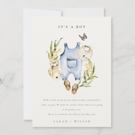 青い葉の服の男の子ベビーお知らせ 招待状 (正面)