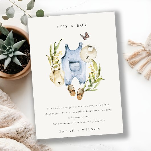 青い葉の服 男の子 赤ちゃん お知らせ 招待状