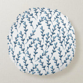 青い葉の水の色のパターン – 白 ラウンドクッション