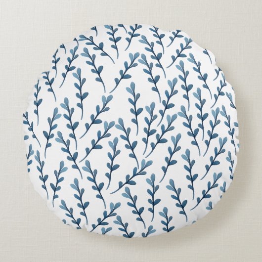 青い葉の水の色のパターン – 白 ラウンドクッション (正面)
