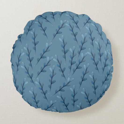 青い葉の水の色パターン ラウンドクッション (正面)