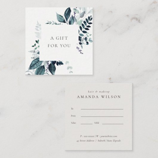 青い葉の熱帯葉シダのギフト証明書 スクエア名刺 (正面/裏面)