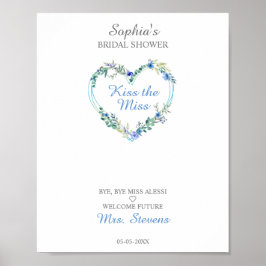 青い葉の花水彩ハート ポスター