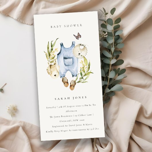 青い葉の赤ちゃん服ベビーシャワー招待状 サンキューカード