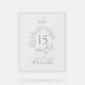 青い葉冠モノグラム結婚のテーブル番号 アクリルサイン (正面)