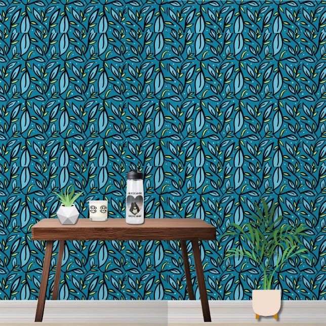 青い葉模様 壁紙 (Blue Leaves bilingual Wallpaper, modern home decor,  add text in Spanish "multilingual Project")