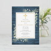 青い葉素朴金ゴールドクロスバプテスマ《キリスト教》洗礼式や命名式 招待状 (スタンド正面)