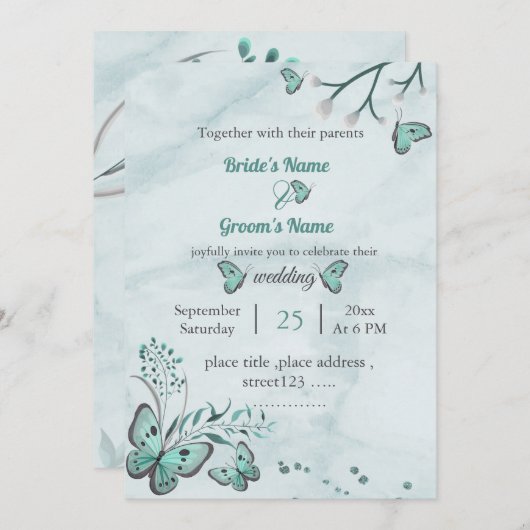 青い葉蝶フローラ結婚ズ 招待状 (正面/裏面)