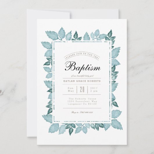 青い葉 |水彩洗礼招待状 招待状 (正面)