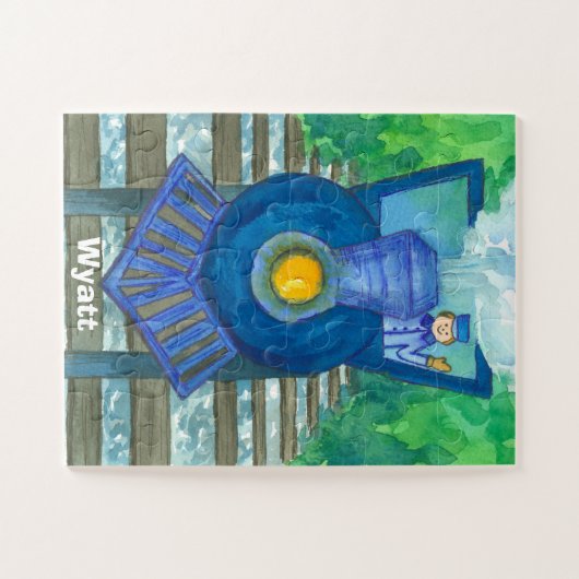 青い蒸気の列車の名前をカスタムするの子供 ジグソーパズル (横)