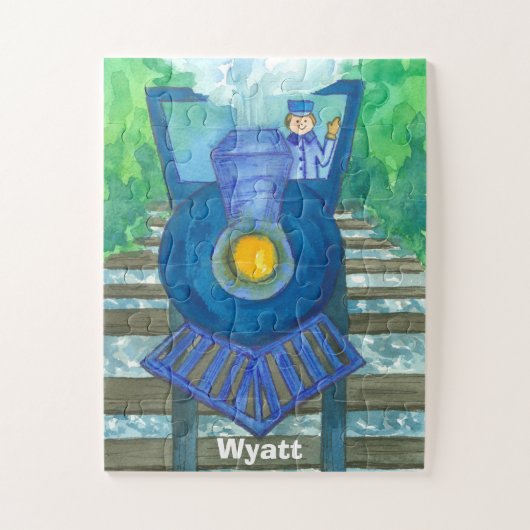 青い蒸気の列車の名前をカスタムするの子供 ジグソーパズル (縦)