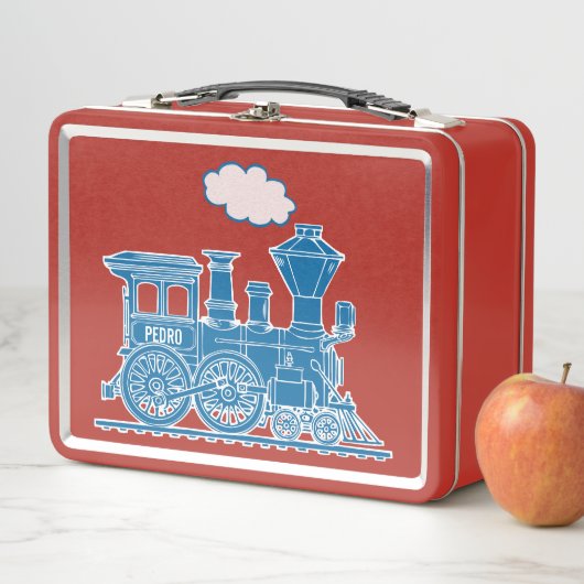 青い蒸気の気違いの列車は名前をカスタムするのお弁当箱をからかいます メタルランチボックス (インサイチュ)