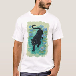青い蓮の花の中を這うパンサー Tシャツ