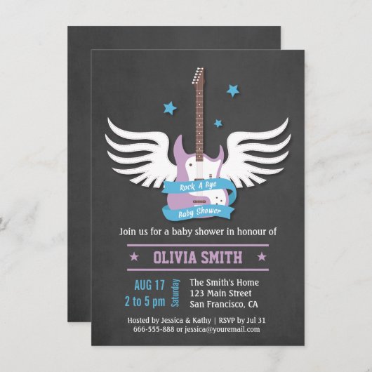 青い薄紫のギターの石従属的なベビーシャワー 招待状 (正面/裏面)