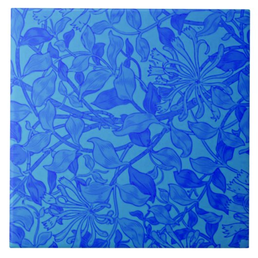 青い藍色の美しいハニーサックル模様 タイル (正面)