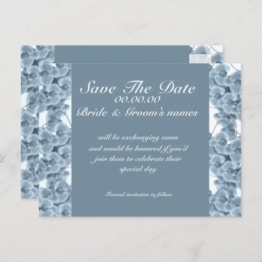 青い蘭の日付を保存 – カスタマイズ可能なテンプレート 案内ポストカード (正面/裏面)