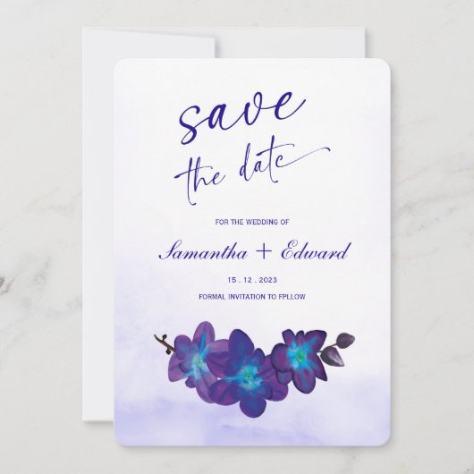 青い蘭 ターコイズ  Save the Date カードのアイデア 招待状 (正面)