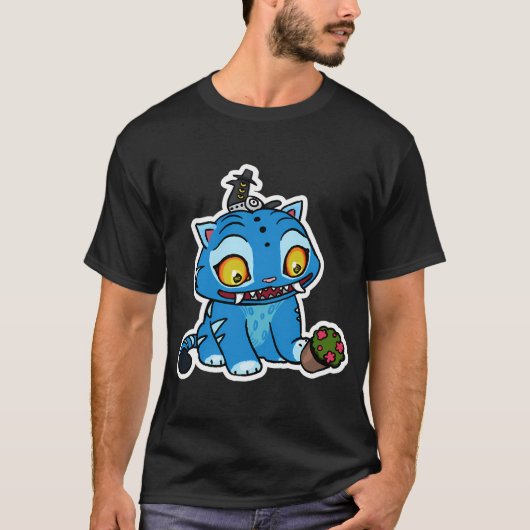 青い虎が植木鉢で遊ぶ Tシャツ (正面)