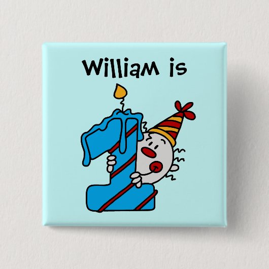 青い蝋燭のピエロの第1誕生日ボタン 缶バッジ (正面)