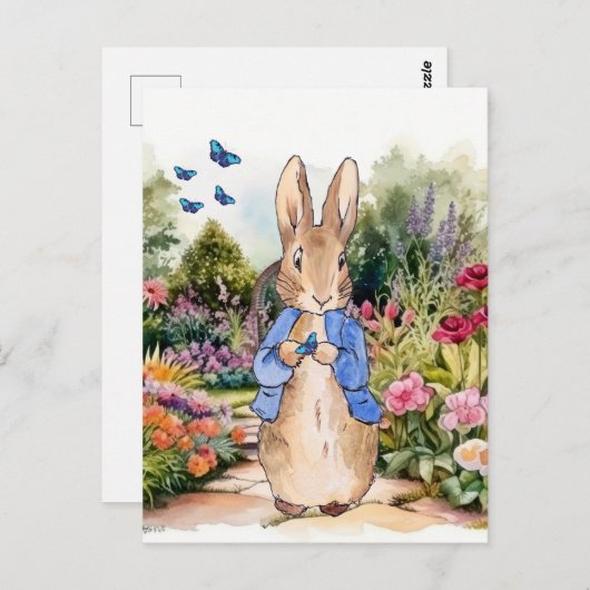 青い蝶々と庭のウサギのピーター ポストカード (正面/裏面)