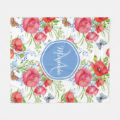 青い蝶および名前の美しく赤いケシ フリースブランケット (正面(横))