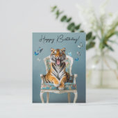 青い蝶がいる古い椅子に座る虎 ポストカード (スタンド正面)