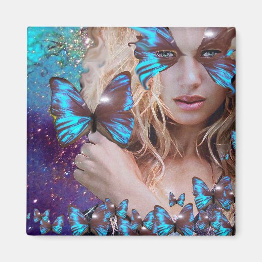 青い蝶がターコイズグリーンの金粉で輝く マグネット (正面)