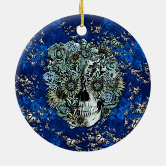 青い蝶で作られた王室のスカル セラミックオーナメント (裏面)