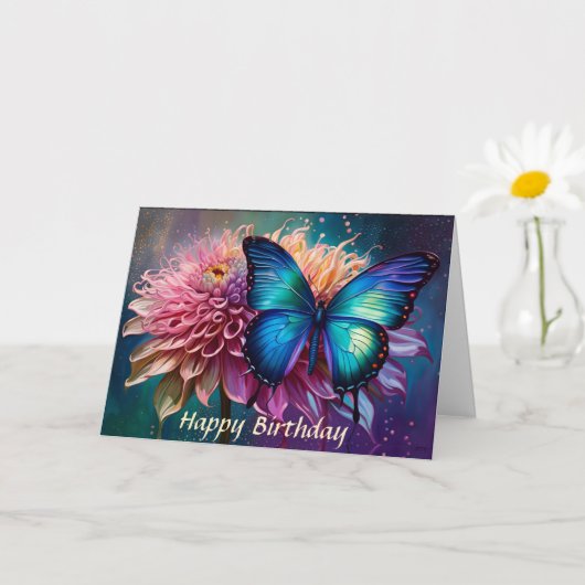 青い蝶とダリア カード (小さな植物)