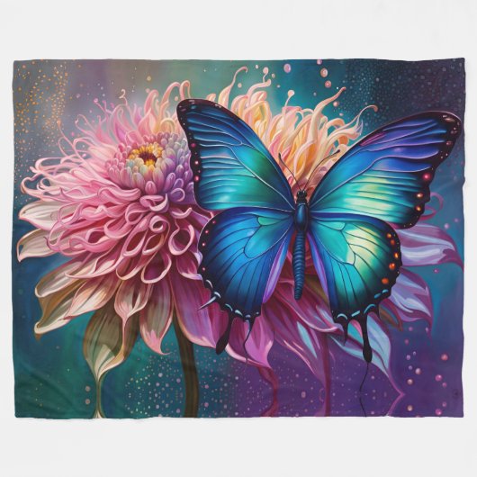 青い蝶とダリア フリースブランケット (正面(横))