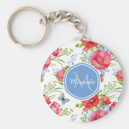 青い蝶と名前の美しい赤いケシ キーホルダー