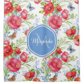 青い蝶と名前の美しい赤いケシ シャワーカーテン (正面)